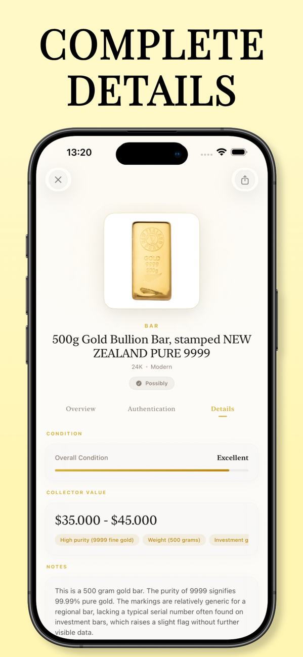 Gold valuation report showing live USD market price, weight estimate and authenticity check